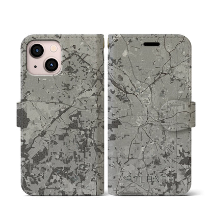 【アトランタ（アメリカ）】地図柄iPhoneケース（手帳タイプ）モノトーン・iPhone 13 mini 用