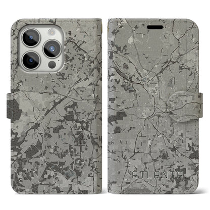 【アトランタ（アメリカ）】地図柄iPhoneケース（手帳タイプ）モノトーン・iPhone 15 Pro 用