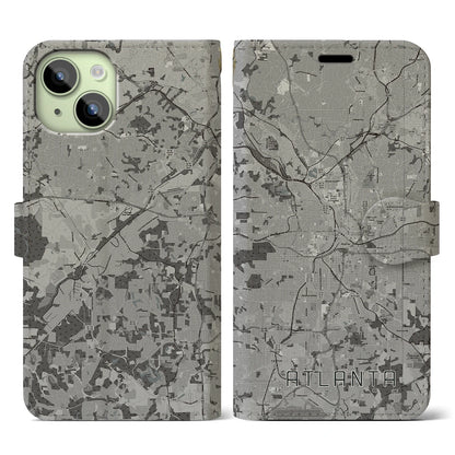 【アトランタ（アメリカ）】地図柄iPhoneケース（手帳タイプ）モノトーン・iPhone 15 用