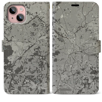 【アトランタ（アメリカ）】地図柄iPhoneケース（手帳タイプ）モノトーン・iPhone 15 Plus 用