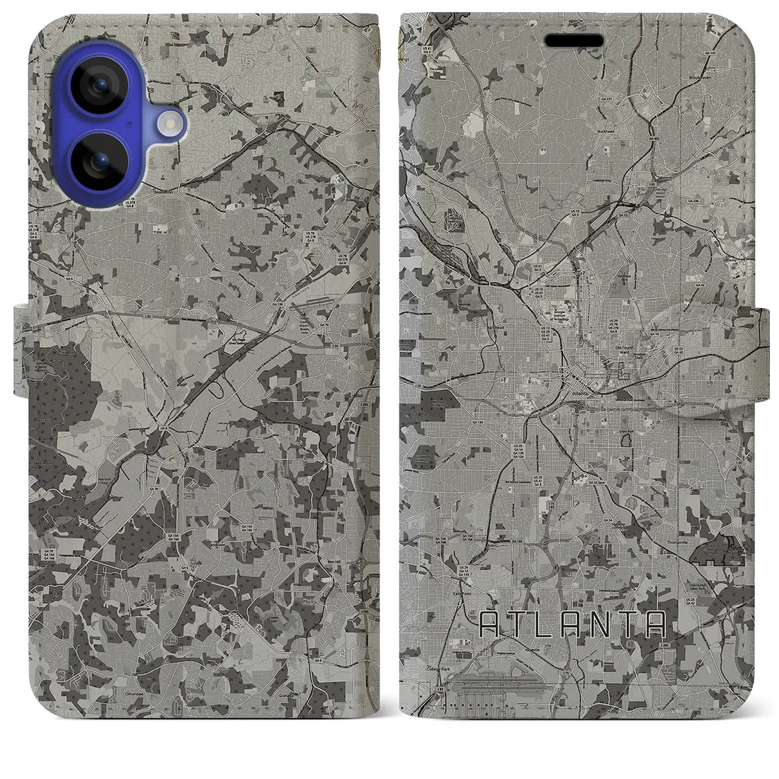 【アトランタ(アメリカ)】地図柄iPhoneケース(手帳タイプ)モノトーン・iPhone 16 Pro Max 用