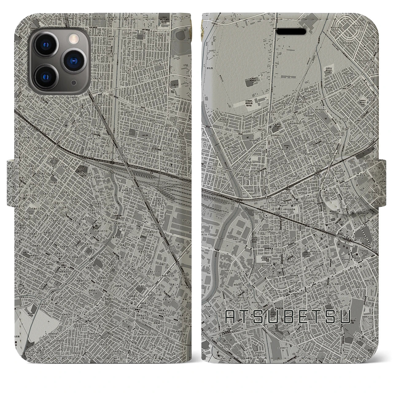 【厚別】地図柄iPhoneケース（手帳両面タイプ・モノトーン）iPhone 11 Pro Max 用
