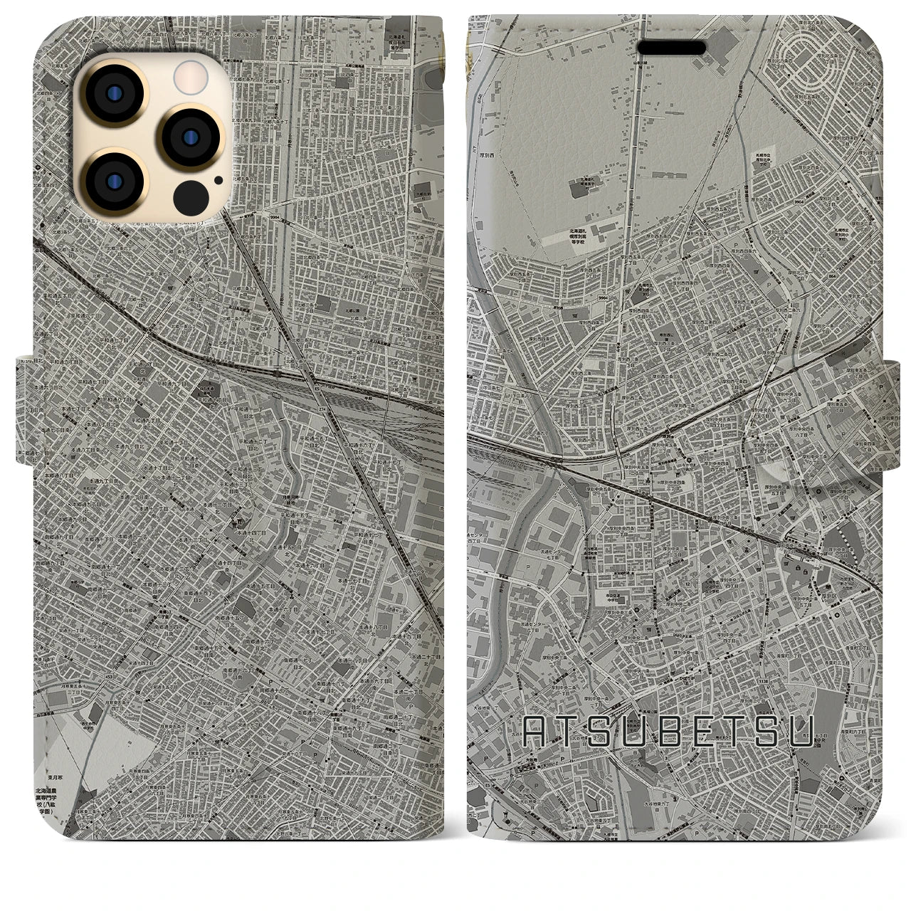【厚別】地図柄iPhoneケース（手帳両面タイプ・モノトーン）iPhone 12 Pro Max 用