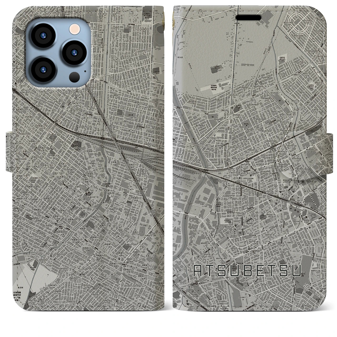 【厚別】地図柄iPhoneケース（手帳両面タイプ・モノトーン）iPhone 13 Pro Max 用