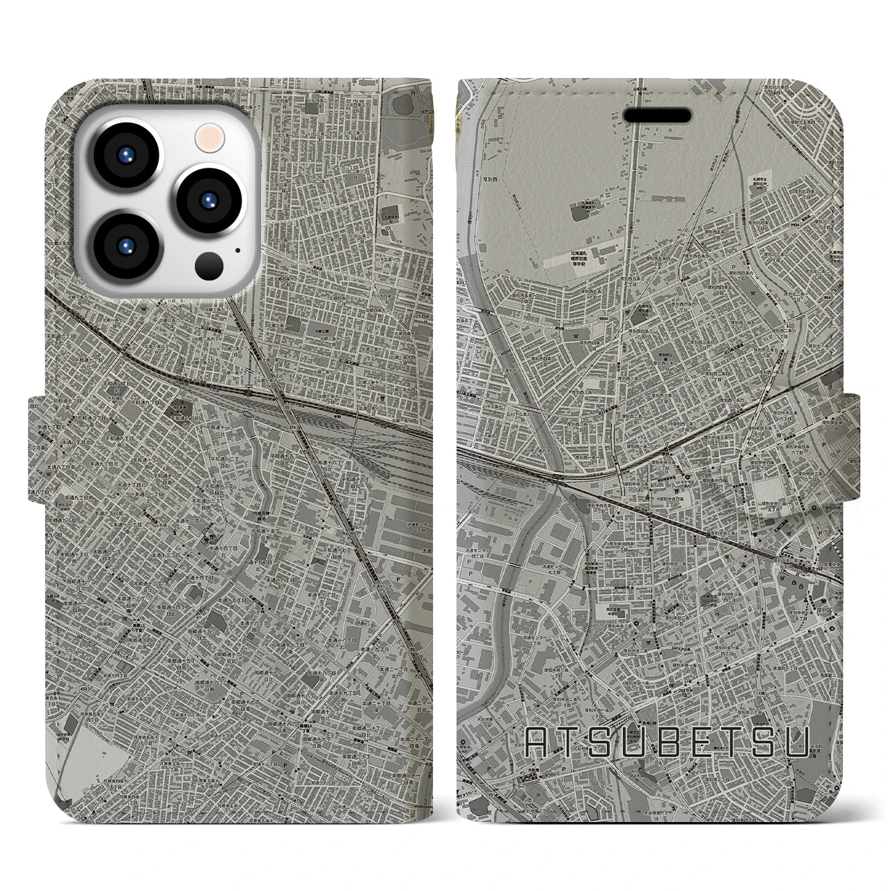 【厚別】地図柄iPhoneケース（手帳両面タイプ・モノトーン）iPhone 13 Pro 用