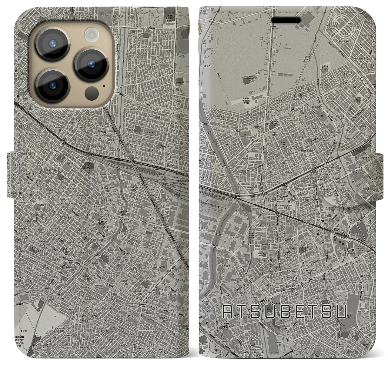 【厚別】地図柄iPhoneケース（手帳両面タイプ・モノトーン）iPhone 14 Pro Max 用