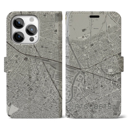 【厚別（北海道）】地図柄iPhoneケース（手帳タイプ）モノトーン・iPhone 14 Pro 用