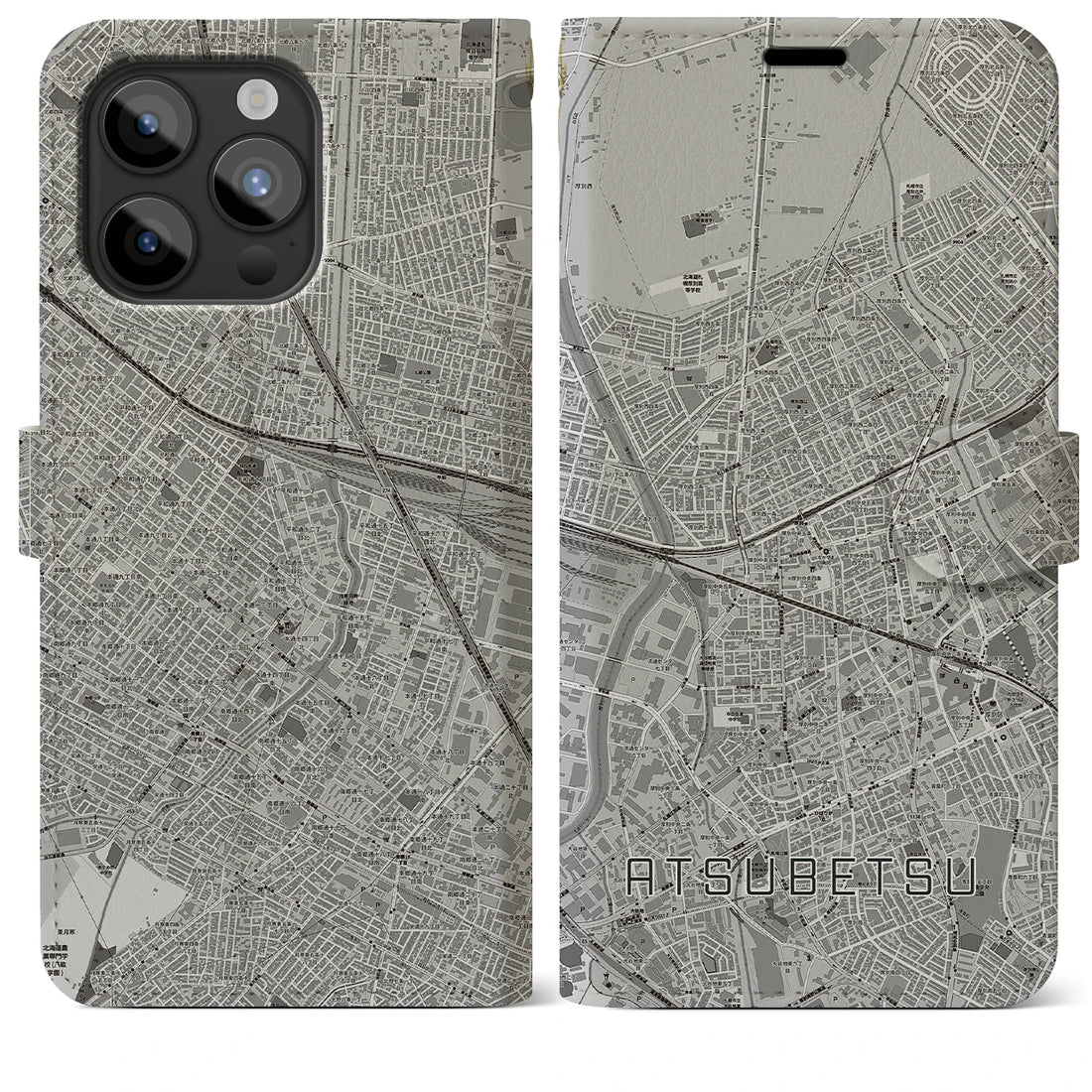 【厚別】地図柄iPhoneケース（手帳両面タイプ・モノトーン）iPhone 15 Pro Max 用