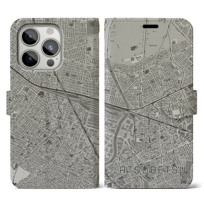 【厚別（北海道）】地図柄iPhoneケース（手帳タイプ）モノトーン・iPhone 15 Pro 用