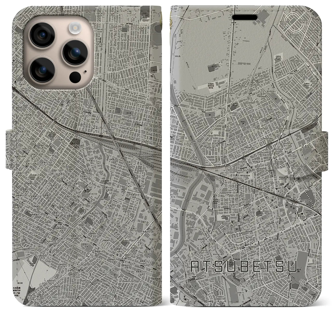 【厚別（北海道）】地図柄iPhoneケース（手帳タイプ）モノトーン・iPhone 16 Plus 用