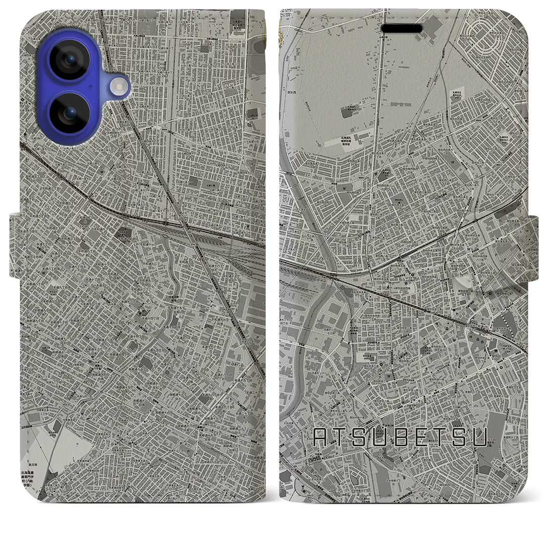 【厚別(北海道)】地図柄iPhoneケース(手帳タイプ)モノトーン・iPhone 16 Pro Max 用