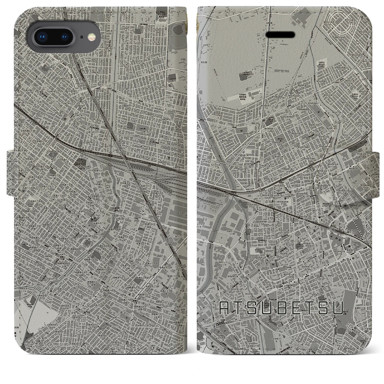 【厚別】地図柄iPhoneケース（手帳両面タイプ・モノトーン）iPhone 8Plus /7Plus / 6sPlus / 6Plus 用