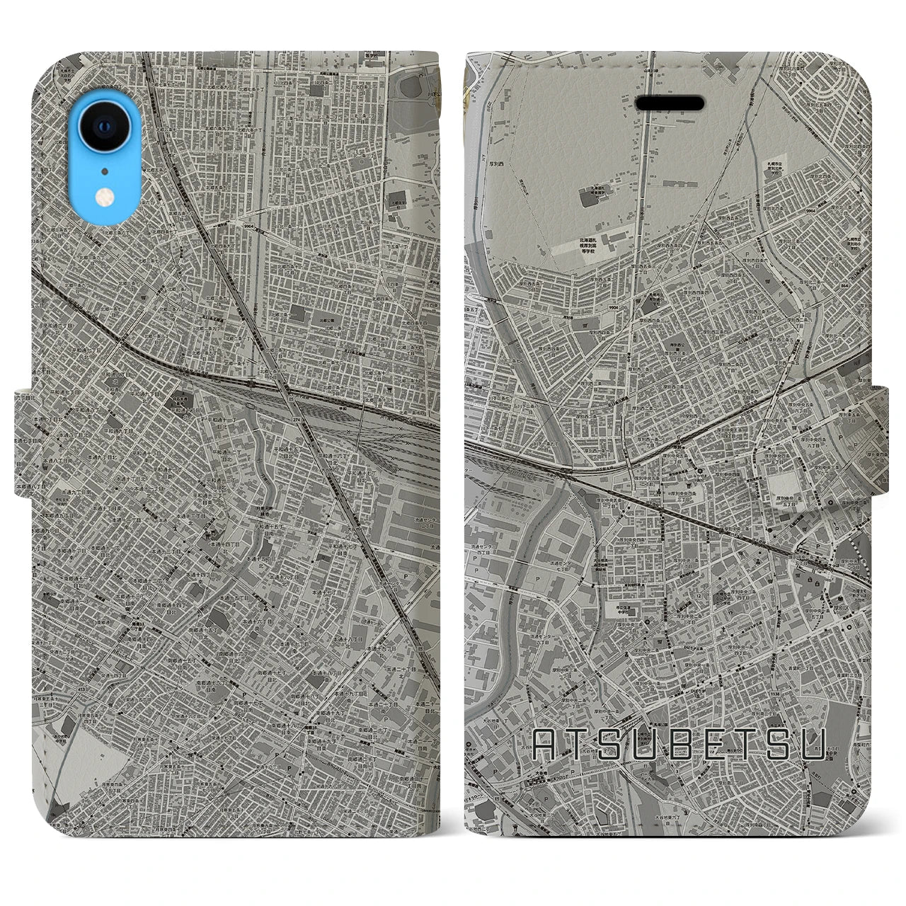 【厚別】地図柄iPhoneケース（手帳両面タイプ・モノトーン）iPhone XR 用