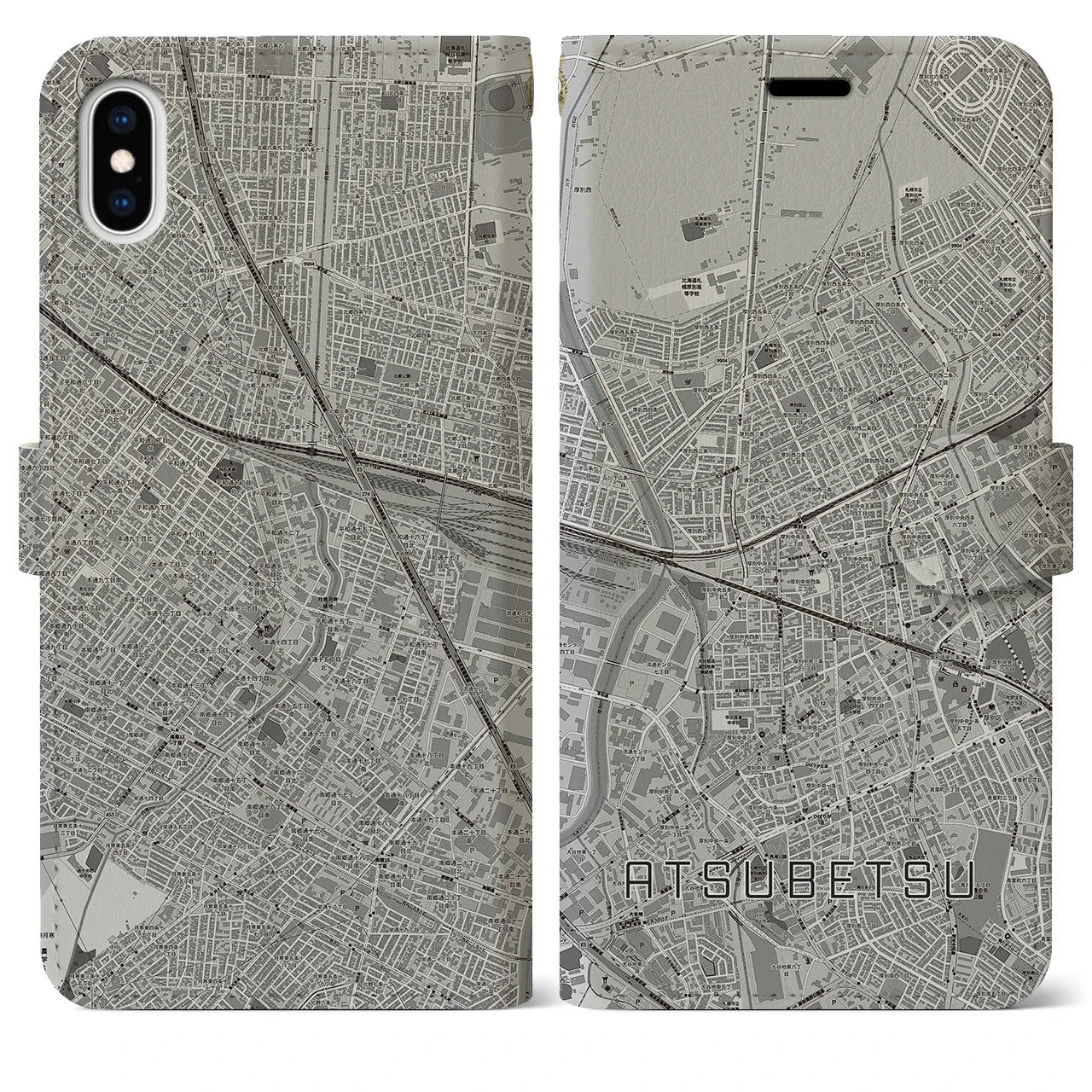 【厚別】地図柄iPhoneケース（手帳両面タイプ・モノトーン）iPhone XS Max 用