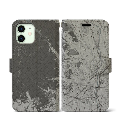 【厚木（神奈川県）】地図柄iPhoneケース（手帳タイプ）モノトーン・iPhone 12 mini 用