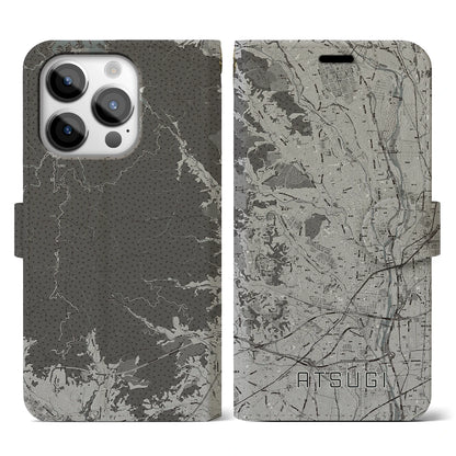 【厚木（神奈川県）】地図柄iPhoneケース（手帳タイプ）モノトーン・iPhone 14 Pro 用