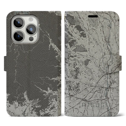 【厚木（神奈川県）】地図柄iPhoneケース（手帳タイプ）モノトーン・iPhone 15 Pro 用