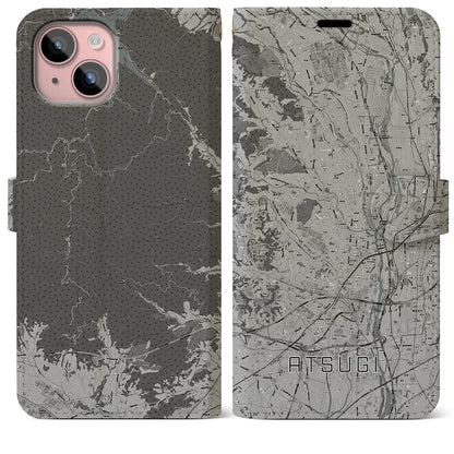 【厚木（神奈川県）】地図柄iPhoneケース（手帳タイプ）モノトーン・iPhone 15 Plus 用