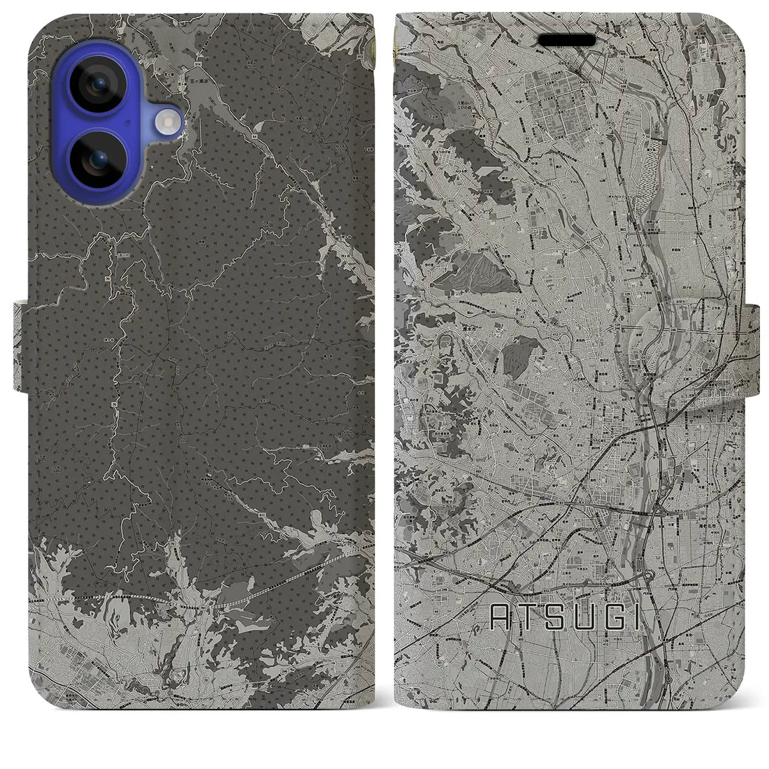 【厚木(神奈川県)】地図柄iPhoneケース(手帳タイプ)モノトーン・iPhone 16 Pro Max 用