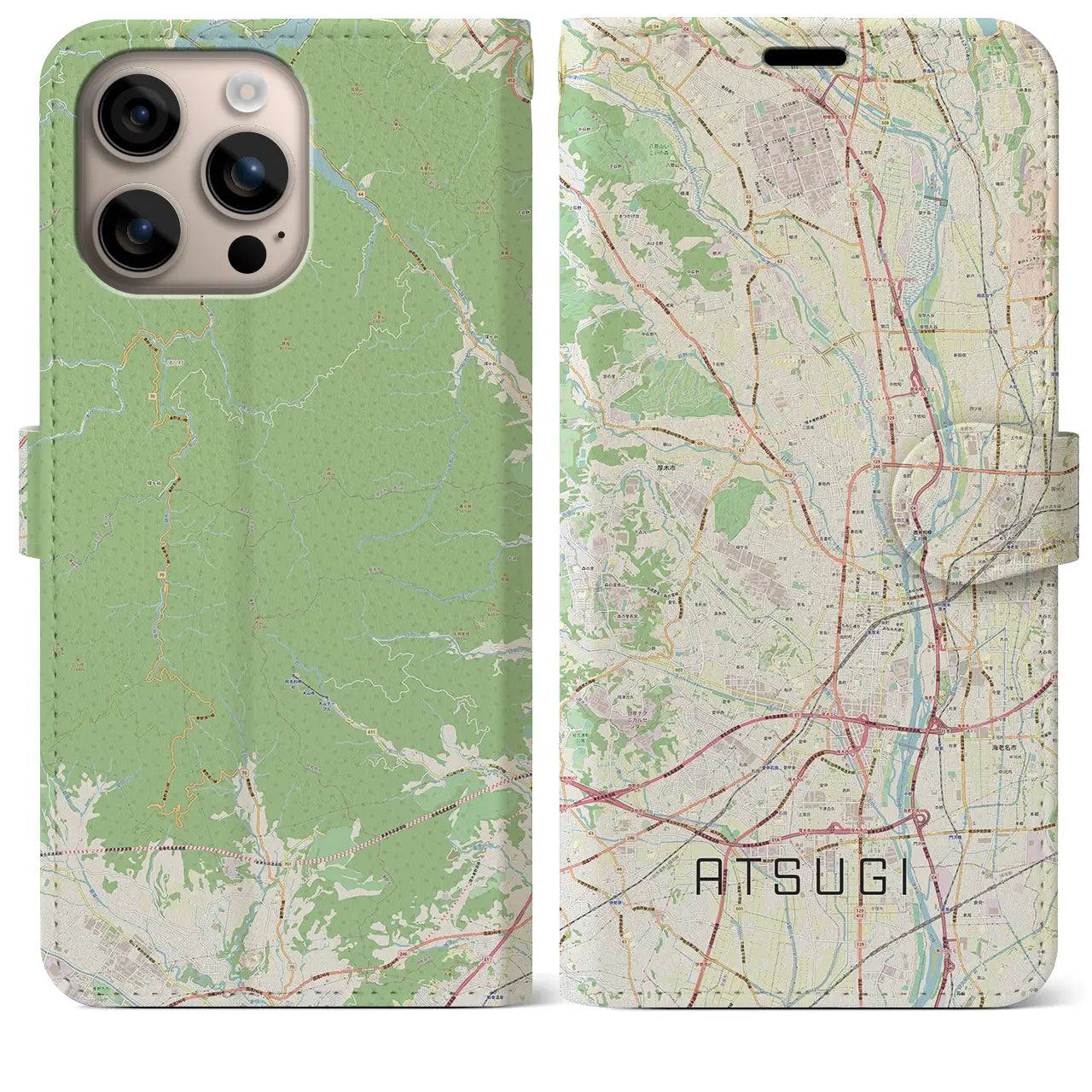 【厚木（神奈川県）】地図柄iPhoneケース（手帳タイプ）ナチュラル・iPhone 16 Plus 用