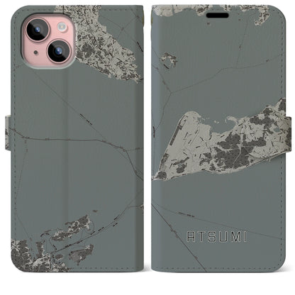 【渥美（愛知県）】地図柄iPhoneケース（手帳タイプ）モノトーン・iPhone 15 Plus 用