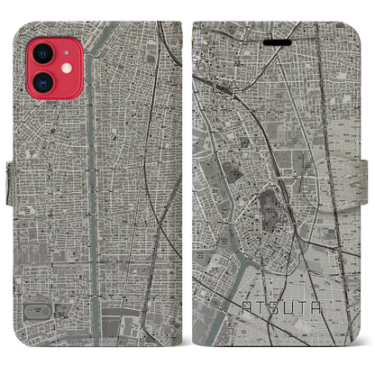 【熱田（愛知県）】地図柄iPhoneケース（手帳タイプ）モノトーン・iPhone 11 用