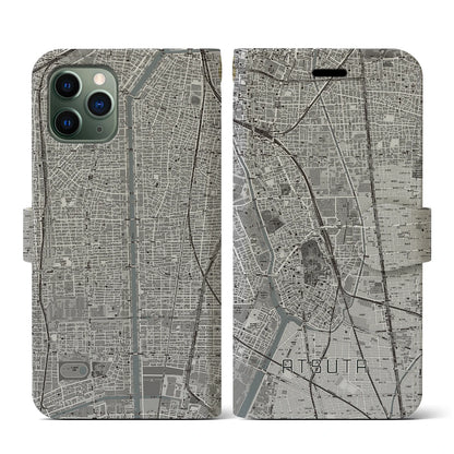 【熱田（愛知県）】地図柄iPhoneケース（手帳タイプ）モノトーン・iPhone 11 Pro 用