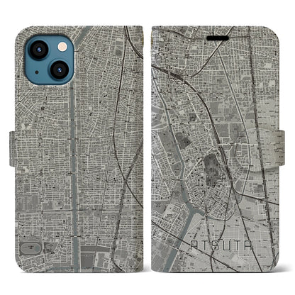 【熱田（愛知県）】地図柄iPhoneケース（手帳タイプ）モノトーン・iPhone 13 用