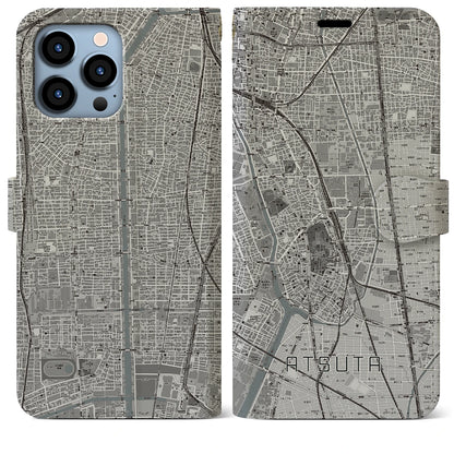 【熱田（愛知県）】地図柄iPhoneケース（手帳タイプ）モノトーン・iPhone 13 Pro Max 用