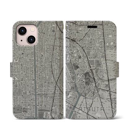 【熱田（愛知県）】地図柄iPhoneケース（手帳タイプ）モノトーン・iPhone 13 mini 用