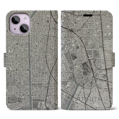 【熱田（愛知県）】地図柄iPhoneケース（手帳タイプ）モノトーン・iPhone 14 用