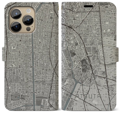 【熱田（愛知県）】地図柄iPhoneケース（手帳タイプ）モノトーン・iPhone 14 Pro Max 用