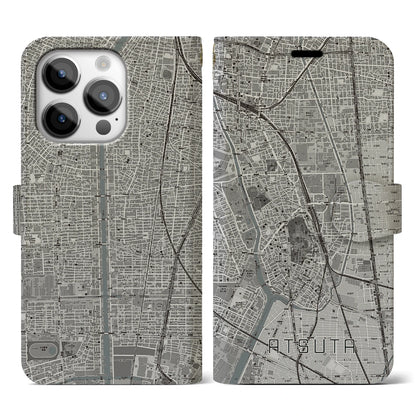 【熱田（愛知県）】地図柄iPhoneケース（手帳タイプ）モノトーン・iPhone 14 Pro 用