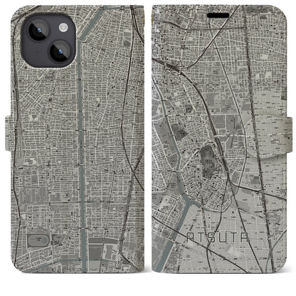 【熱田（愛知県）】地図柄iPhoneケース（手帳タイプ）モノトーン・iPhone 14 Plus 用