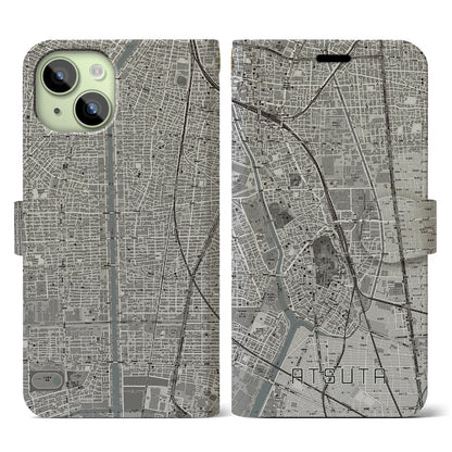 【熱田（愛知県）】地図柄iPhoneケース（手帳タイプ）モノトーン・iPhone 15 用