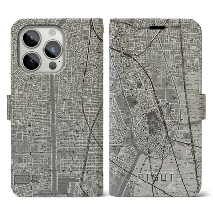 【熱田（愛知県）】地図柄iPhoneケース（手帳タイプ）モノトーン・iPhone 15 Pro 用