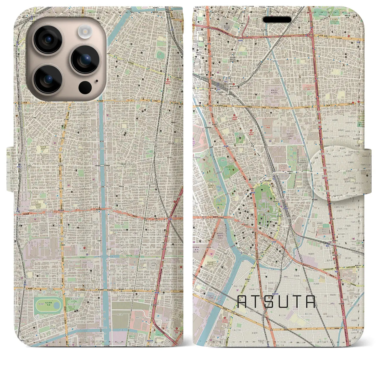 【熱田（愛知県）】地図柄iPhoneケース（手帳タイプ）ナチュラル・iPhone 16 Plus 用