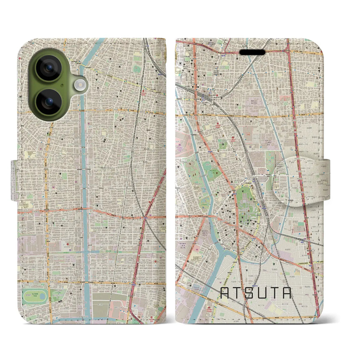 【熱田(愛知県)】地図柄iPhoneケース(手帳タイプ)モノトーン・iPhone 17 Pro Max 用