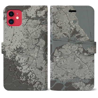【オークランド（ニュージーランド）】地図柄iPhoneケース（手帳タイプ）モノトーン・iPhone 11 用