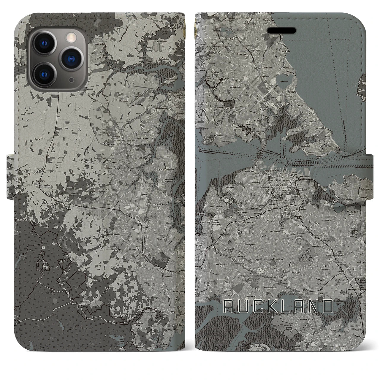 【オークランド】地図柄iPhoneケース（手帳両面タイプ・モノトーン）iPhone 11 Pro Max 用