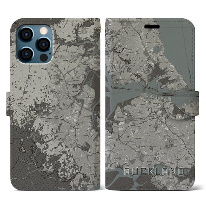 【オークランド（ニュージーランド）】地図柄iPhoneケース（手帳タイプ）モノトーン・iPhone 12 / 12 Pro 用