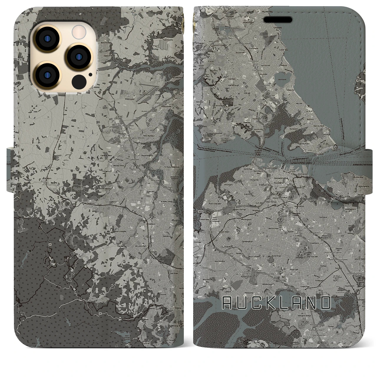 【オークランド】地図柄iPhoneケース（手帳両面タイプ・モノトーン）iPhone 12 Pro Max 用