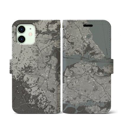【オークランド（ニュージーランド）】地図柄iPhoneケース（手帳タイプ）モノトーン・iPhone 12 mini 用