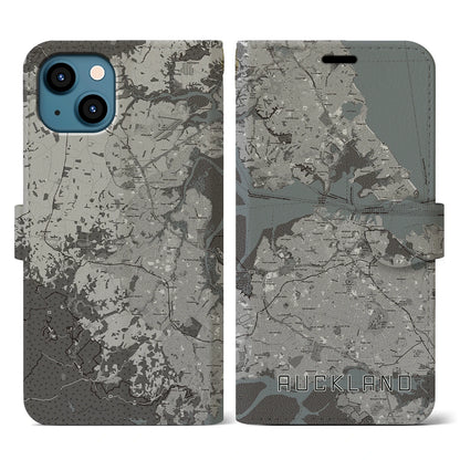 【オークランド（ニュージーランド）】地図柄iPhoneケース（手帳タイプ）モノトーン・iPhone 13 用