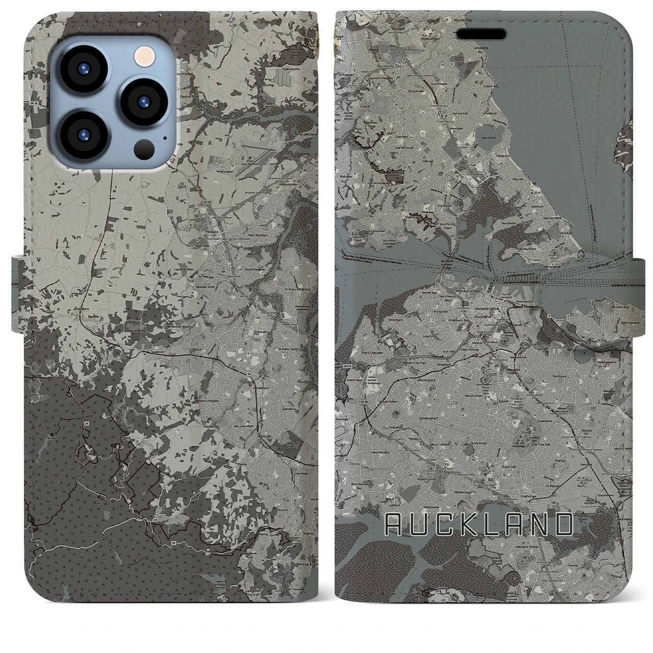 【オークランド】地図柄iPhoneケース（手帳両面タイプ・モノトーン）iPhone 13 Pro Max 用