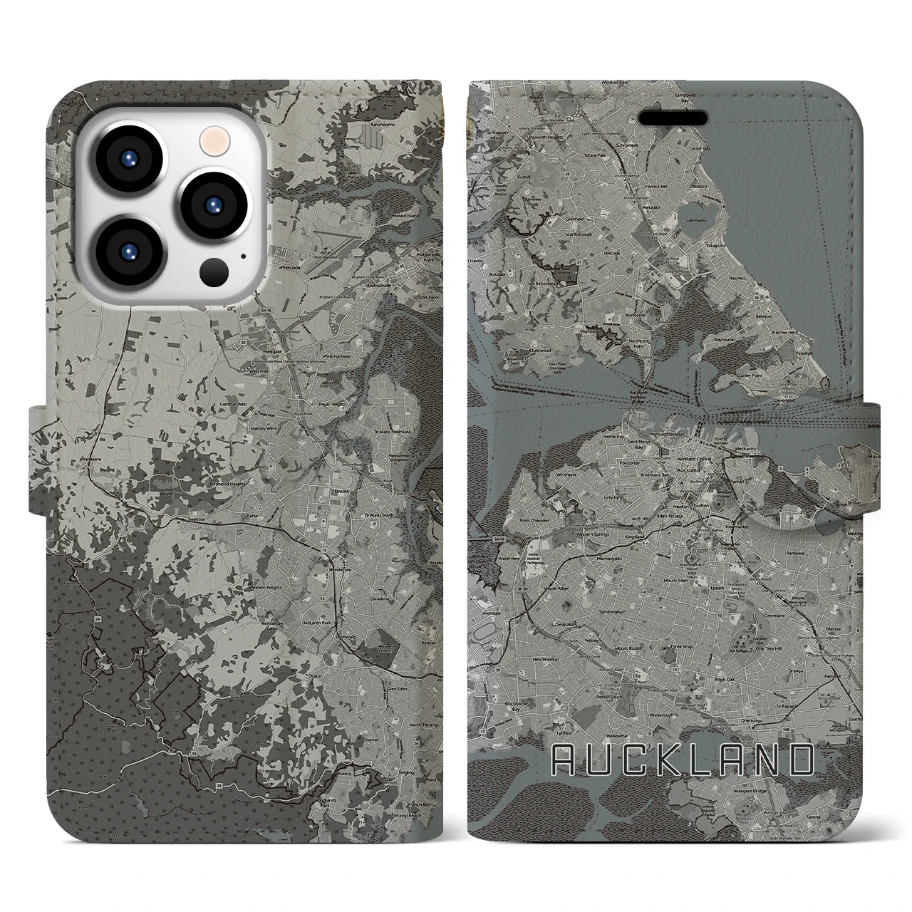 【オークランド】地図柄iPhoneケース（手帳両面タイプ・モノトーン）iPhone 13 Pro 用