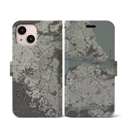 【オークランド（ニュージーランド）】地図柄iPhoneケース（手帳タイプ）モノトーン・iPhone 13 mini 用
