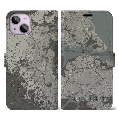 【オークランド（ニュージーランド）】地図柄iPhoneケース（手帳タイプ）モノトーン・iPhone 14 用