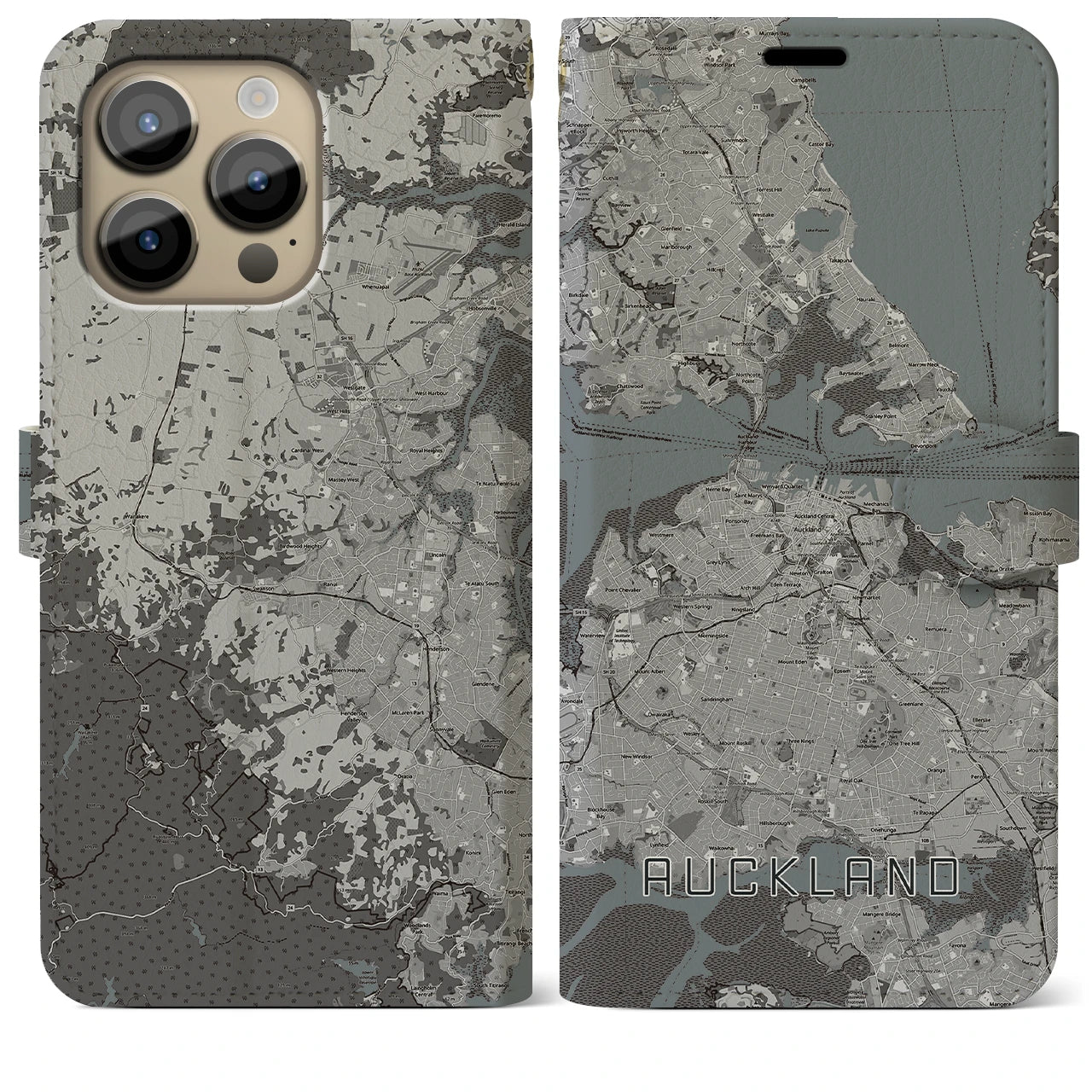 【オークランド】地図柄iPhoneケース（手帳両面タイプ・モノトーン）iPhone 14 Pro Max 用