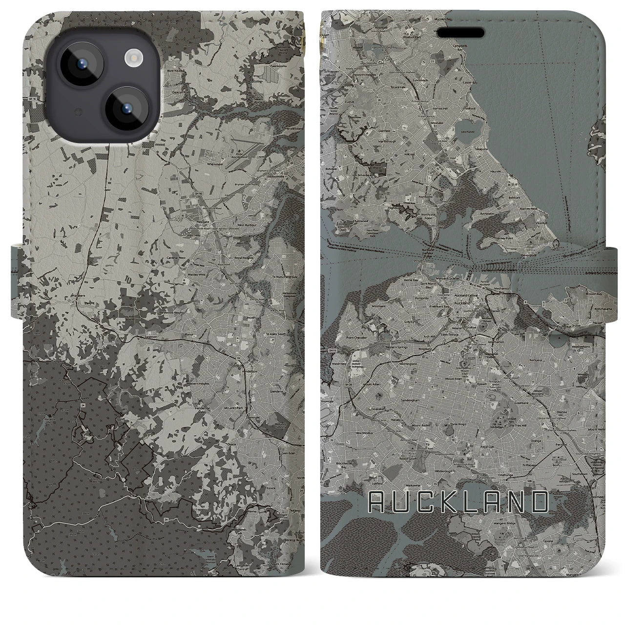 【オークランド】地図柄iPhoneケース（手帳両面タイプ・モノトーン）iPhone 14 Plus 用
